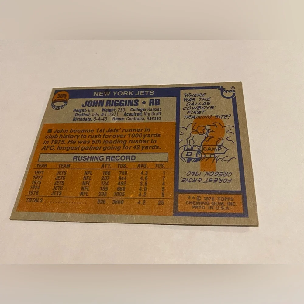 John Riggins 1976 Topps Football Card New York Jets Vintage collectible